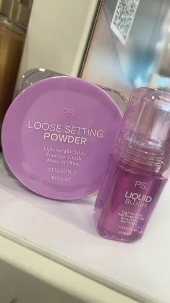 Purple loose setting powder and liquid blush.