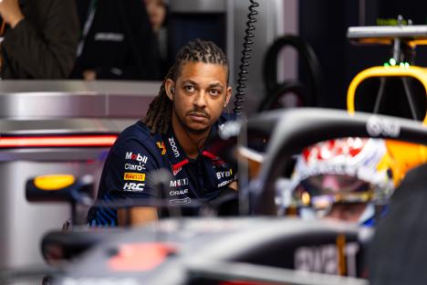 Red Bull Racing mechanic Calum Nicholas in the garage.