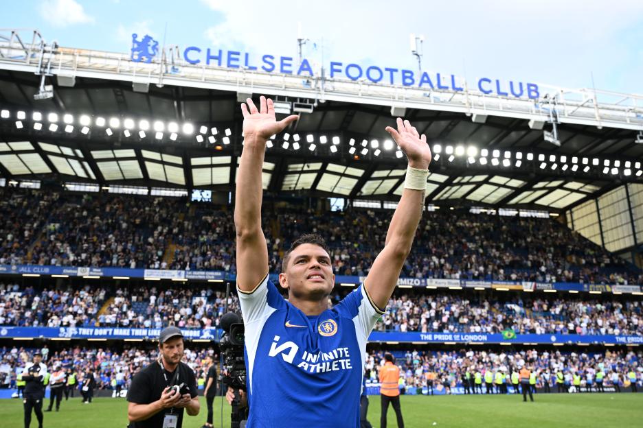 Thiago Silva of Chelsea thanking fans after a match at Stamford Bridge.