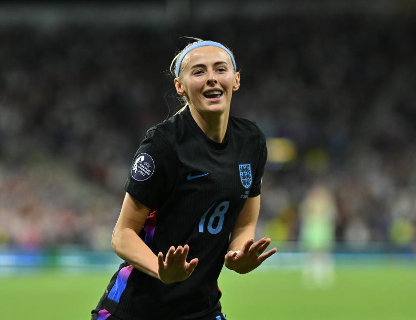 Chloe Kelly of England celebrates scoring a goal.