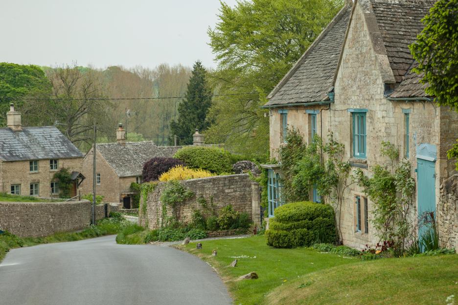 Stone cottages and houses in Windrush village, Gloucestershire.