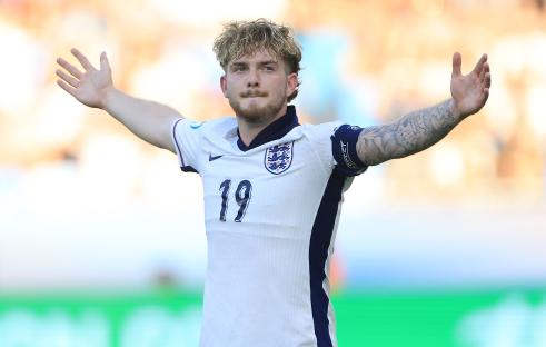 Harvey Elliott of England Under 21 celebrating a goal.