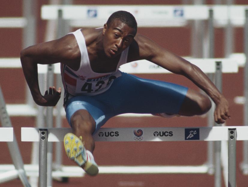 Colin Jackson hurdling at the 1988 Seoul Olympics.