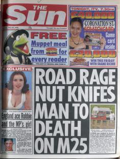 The Sun newspaper front page announcing a road rage murder on the M25.