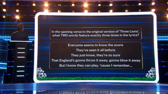 Screenshot of a game show question: What two words appear three times in the opening verse of