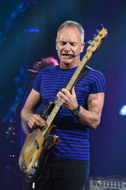 Sting playing bass guitar on The Late Show with Stephen Colbert.