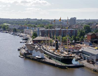 Aerial view of the SS Great Britain docked in Bristol Harbour.