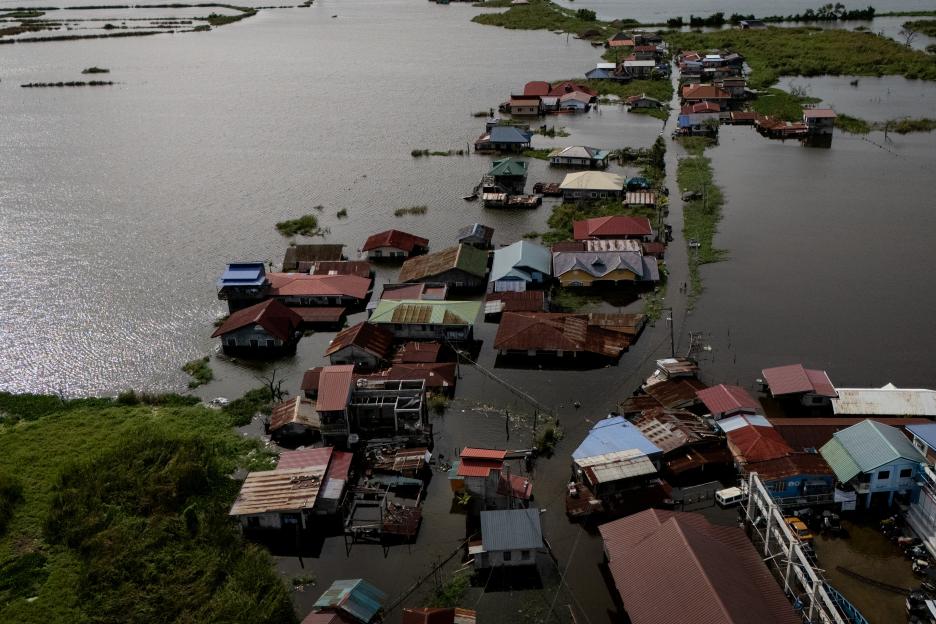 Aerial view of flooded homes.
