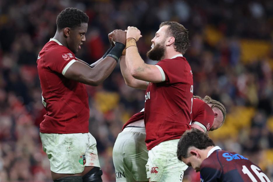 British and Irish Lions players Maro Itoje and Luke Cowan-Dickie celebrating.