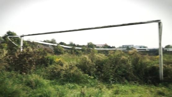 Overgrown abandoned stadium goalpost.