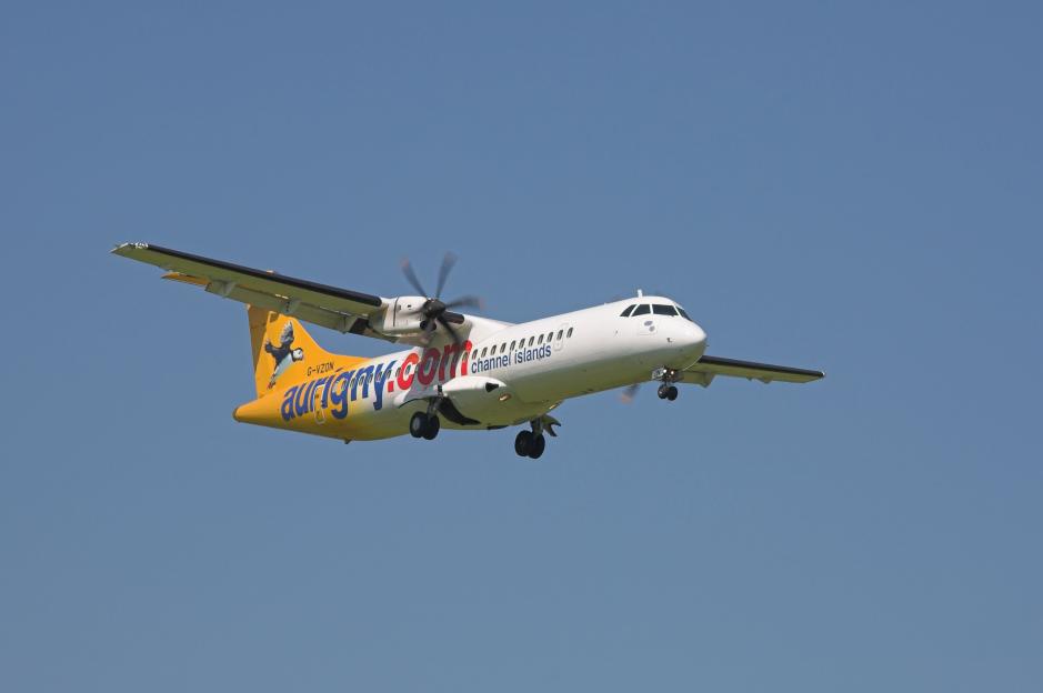 Aurigny ATR 72-200 plane landing.