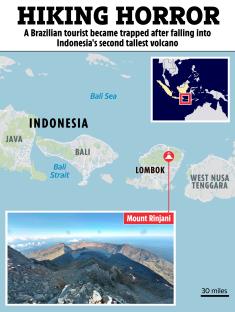 Illustration of map showing Mount Rinjani in Lombok, Indonesia, where a Brazilian tourist fell into a volcano.