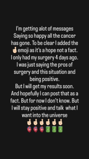 Post about cancer surgery and hopeful recovery.