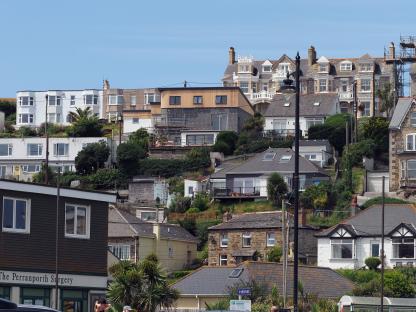Houses on a hillside in Perranporth, Cornwall.