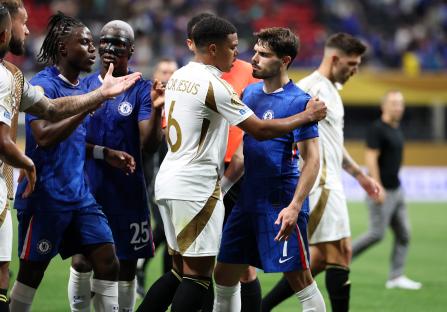 LAFC's Igor Jesus #6 and Chelsea's Pedro Neto #7 after a clash during a match.