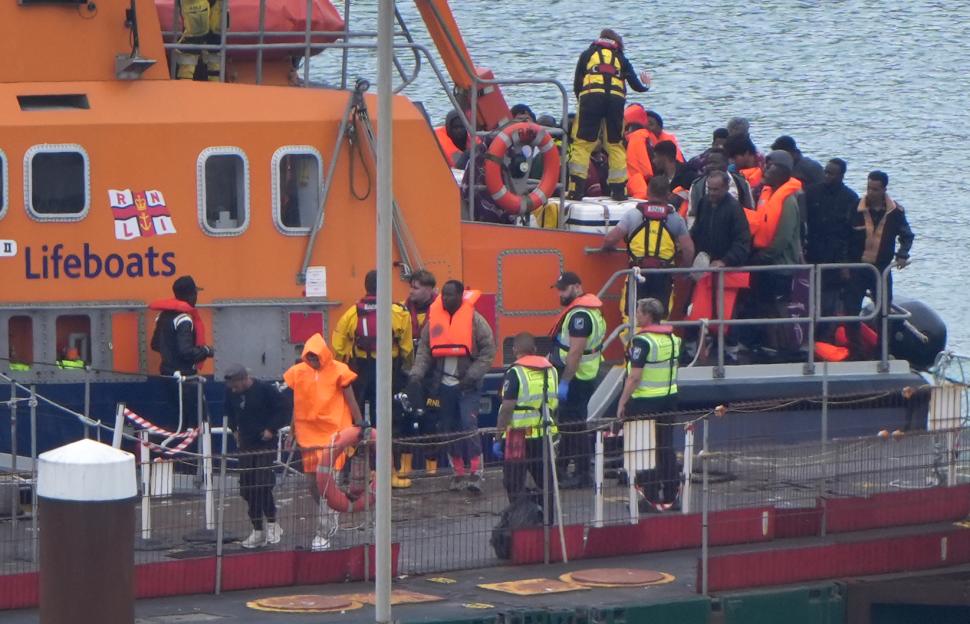 Migrants arriving in Dover on an RNLI lifeboat.