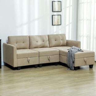Beige sectional sofa with storage ottomans.