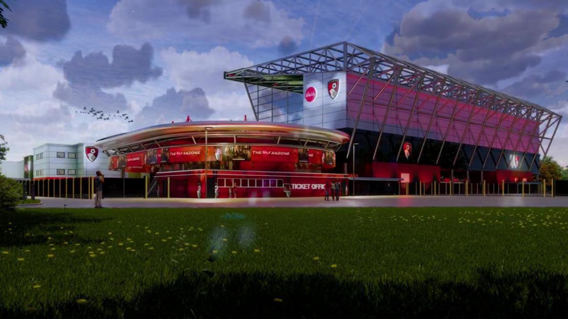 AFC Bournemouth new stadium revamp artist impression video, Twitter , https://x.com/afcbournemouth