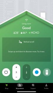Dyson app interface showing living room air quality, temperature, and humidity.