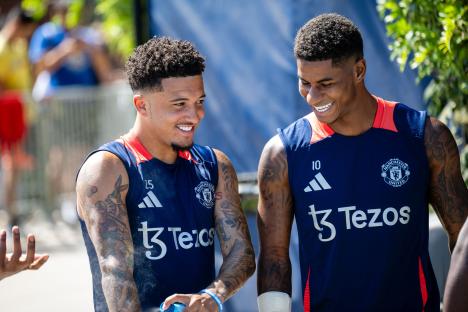 Jadon Sancho and Marcus Rashford of Manchester United at a training session.