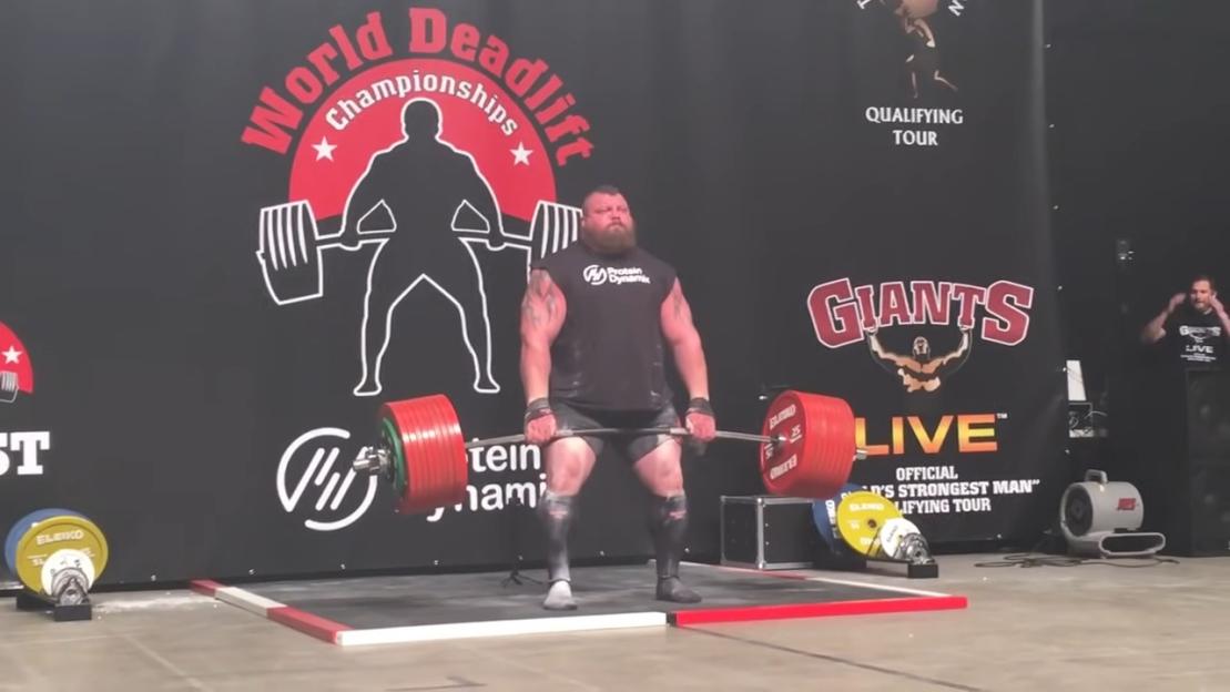 Eddie Hall deadlifting in a strongman competition.