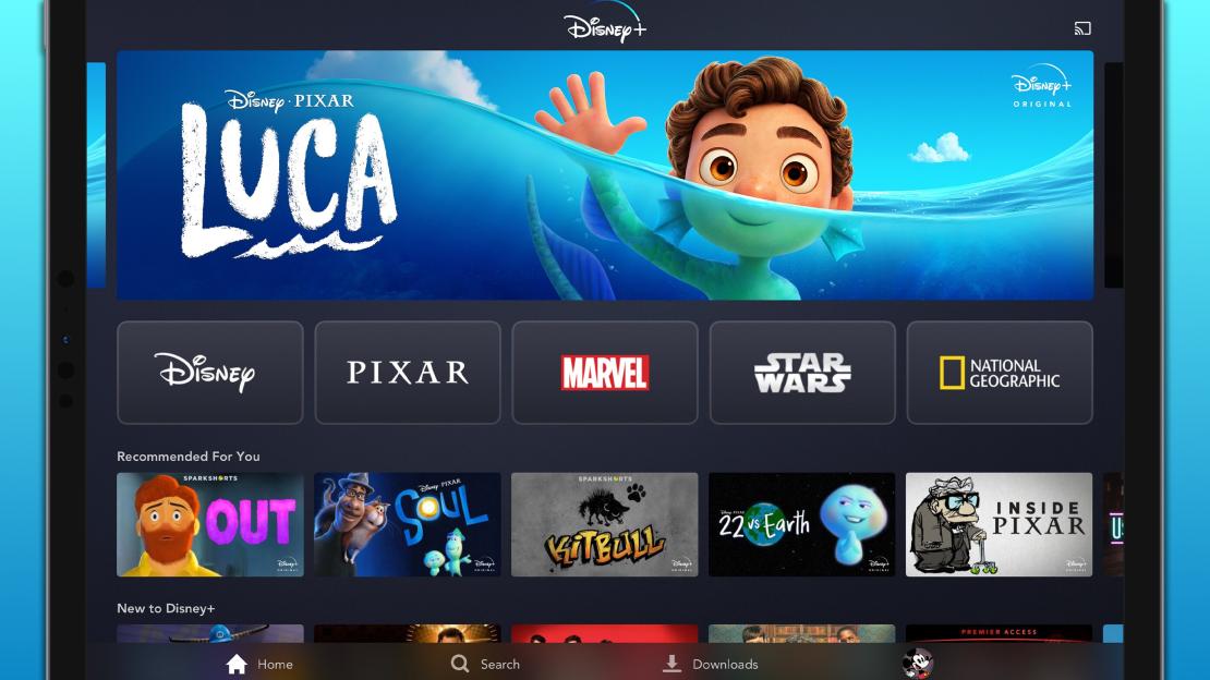 Disney+ app interface showcasing Luca, recommended content, and various Disney brands.