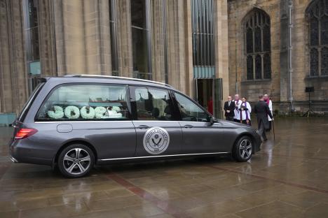 Hearse arriving at Sheffield Cathedral for a funeral service.