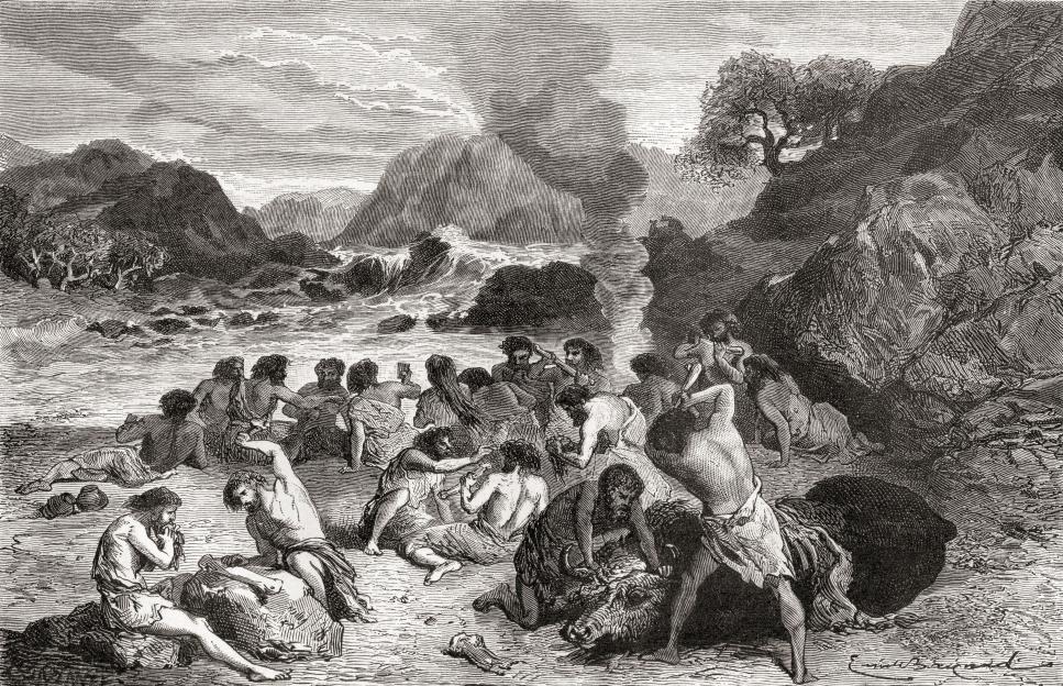 Illustration of Neanderthals feasting on a kill.