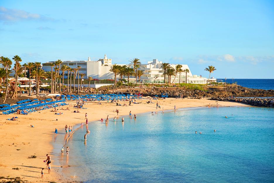 Panoramic view of Playa Blanca beach in Lanzarote, Canary Islands.