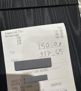 Receipt showing a $937.65 breakfast bill.