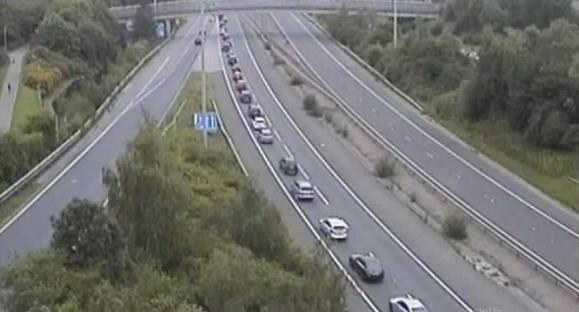 Aerial view of highway traffic.