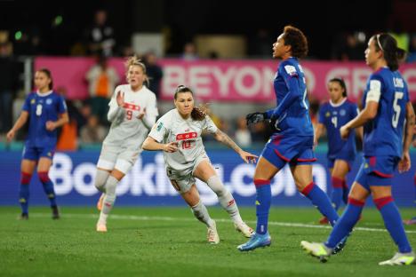 Ramona Bachmann of Switzerland celebrating a goal during a FIFA Women's World Cup match.