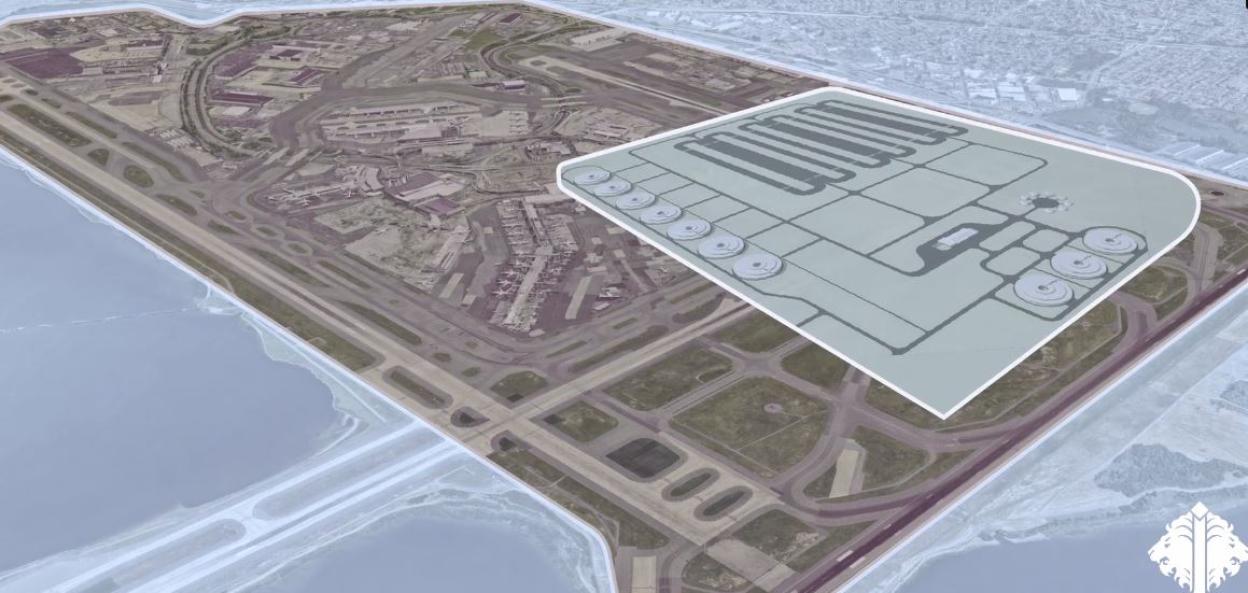 Illustration of a futuristic airport design overlaid on an existing airport layout.