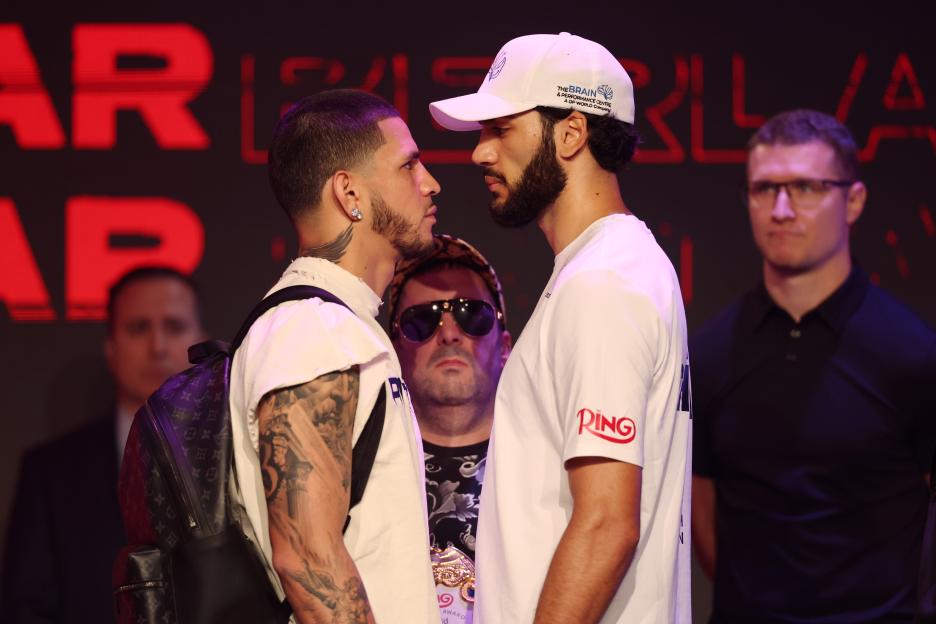 Edgar Berlanga and Hamzah Sheeraz facing off at a press conference.