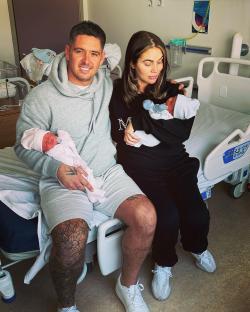 Amy Childs and Billy Delbosq with their newborn twins.