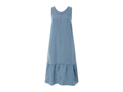 Blue sleeveless midi dress.