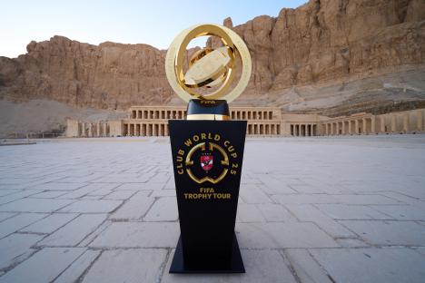 FIFA Club World Cup trophy displayed at the Temple of Hatshepsut.