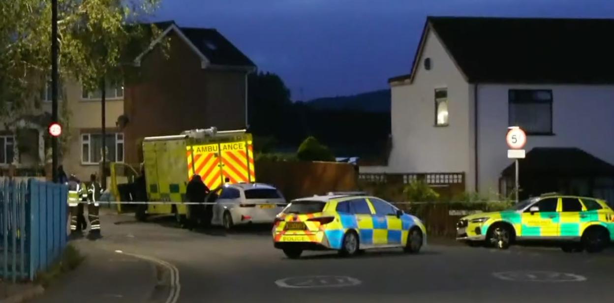 Emergency vehicles at the scene of a bomb scare.