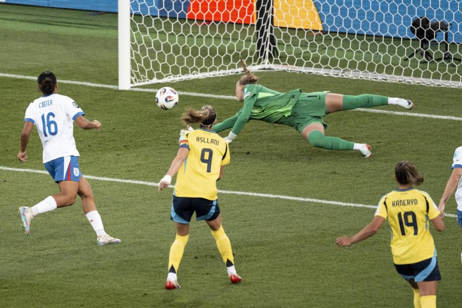 epa12243688 Sweden's Kosovare Asllani (C) scores the 1-0 goal against England's goalkeeper Hannah Hampton during the UEFA Women's EURO 2025 quarterfinals soccer match between Sweden and England, in Zurich, Switzerland, 17 July 2025. EPA/GAETAN BALLY