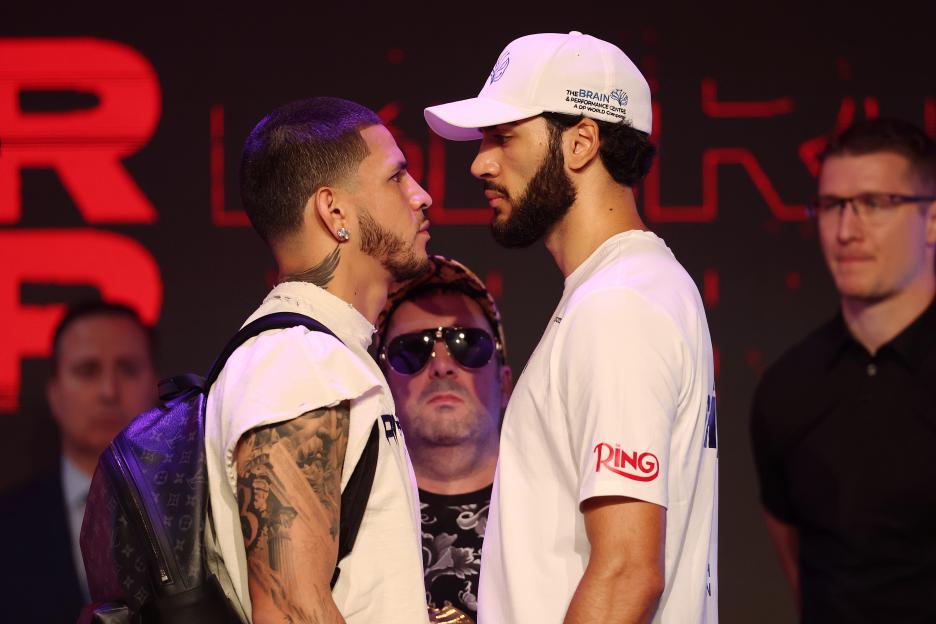 Edgar Berlanga and Hamzah Sheeraz face off before a boxing match.