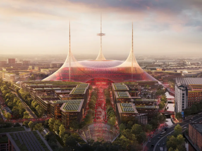 Illustration of Manchester United's proposed new stadium and surrounding development.