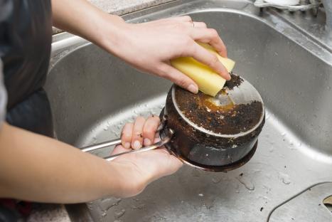 Person washing a burnt pot in a sink.
