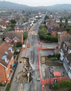A drone view shows a large sinkhole in Godstone, southern Britain, February 19, 2025. REUTERS/Toby Melville