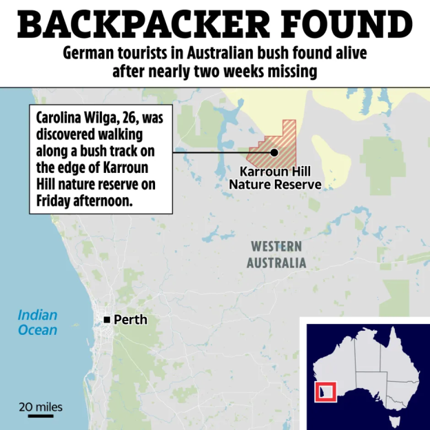 Map showing location in Western Australia where a German backpacker was found.