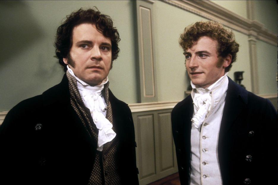 Colin Firth as Mr. Darcy and Crispin Bonham-Carter as Mr. Bingley in the 1995 BBC adaptation of *Pride and Prejudice*.