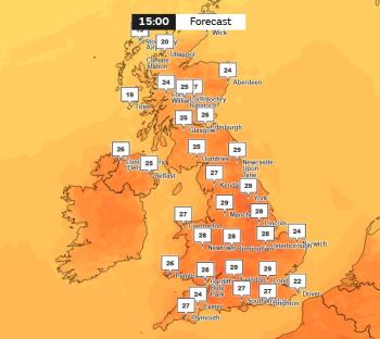 UK forecast map showing temperatures at 3 pm.