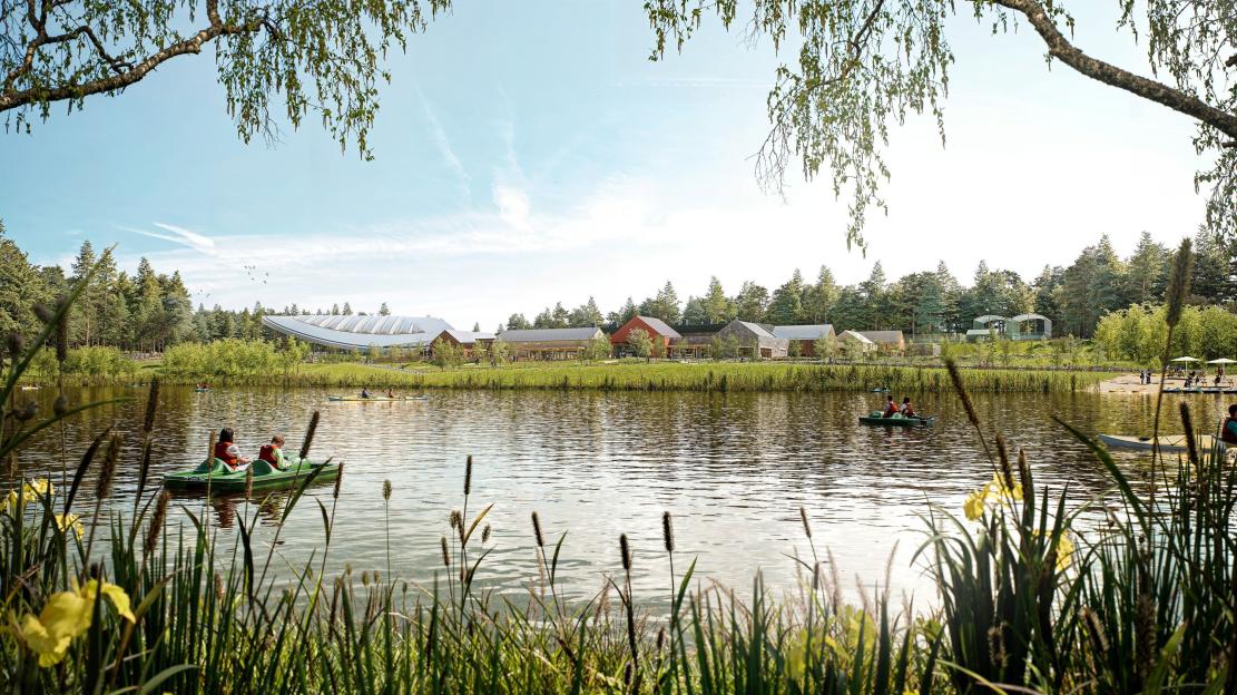 Illustration of a lake with people kayaking and paddle boating, with lodges and a large building in the background.