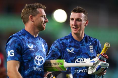 Harry Brook and Jos Buttler of England after a cricket match.