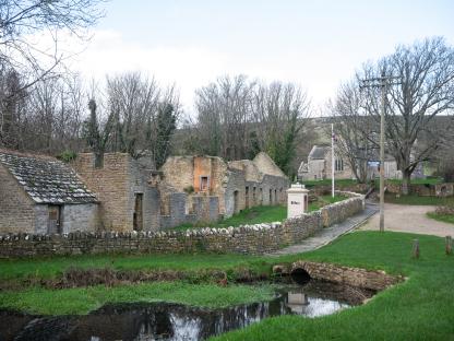 Ruins of Tyneham village in Dorset, England.
