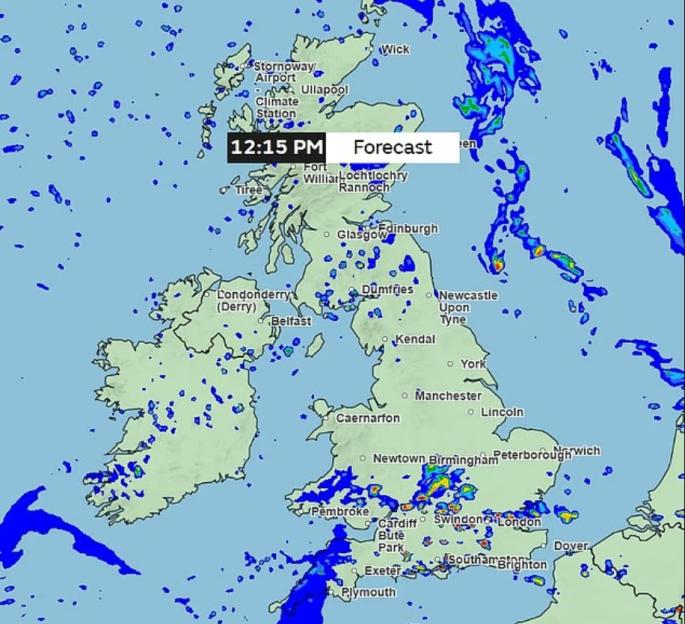 Weather forecast map of the British Isles showing rain.